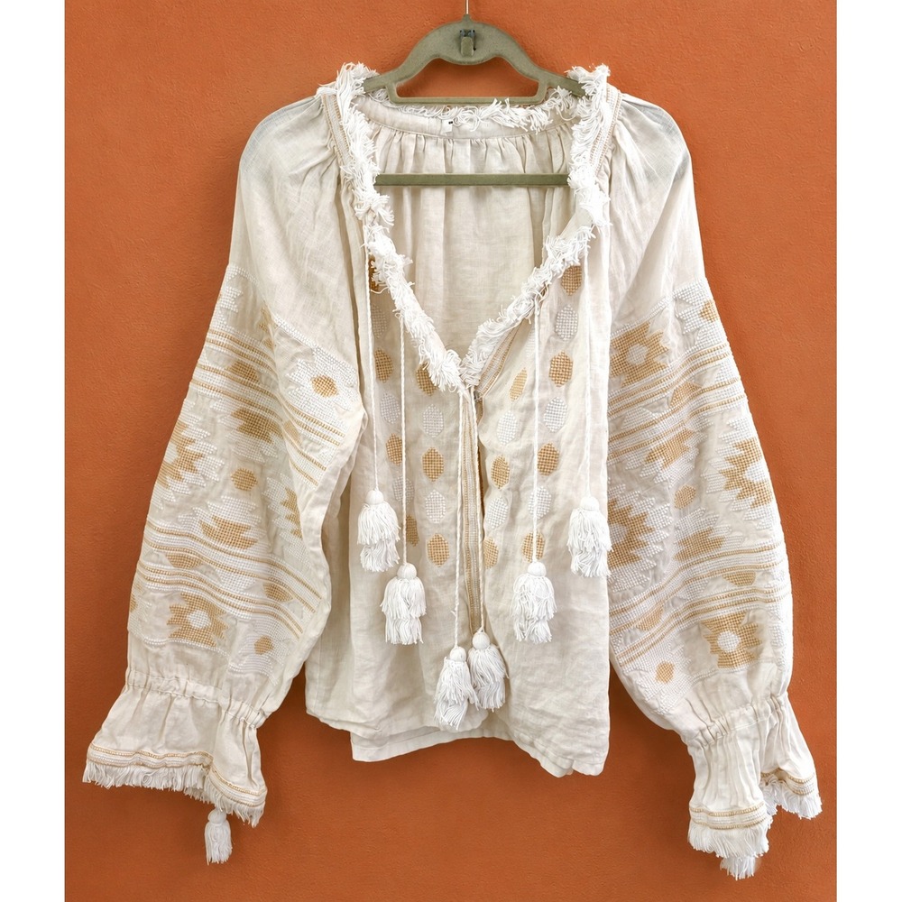 Ukrianian Vintage Style Cream Linen Embroidered Top Large Boho Folk Blouse
